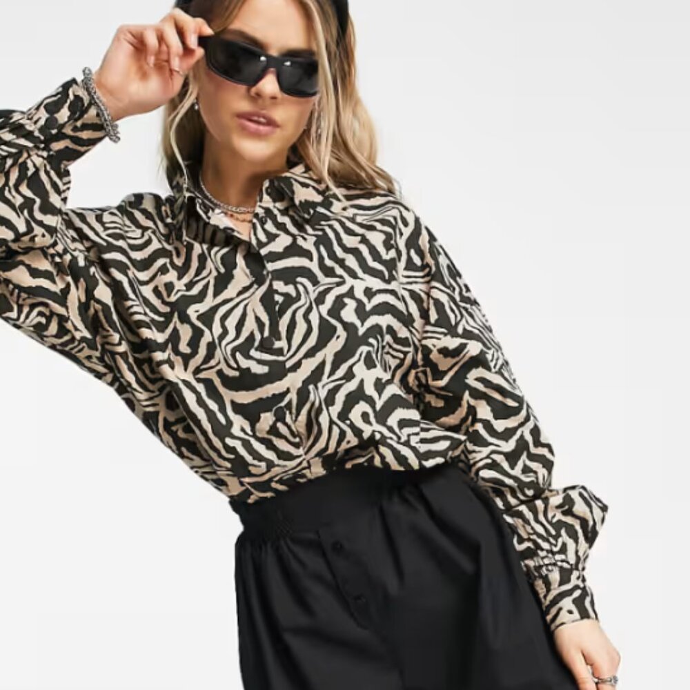 Noisy May Zebra Print Button Down Shirt - Black and Cream